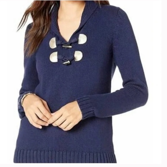 Lilly Pulitzer Toggle Knit Sweater Shawl collar Cotton Coastal Navy Blue Gold S - Picture 1 of 12